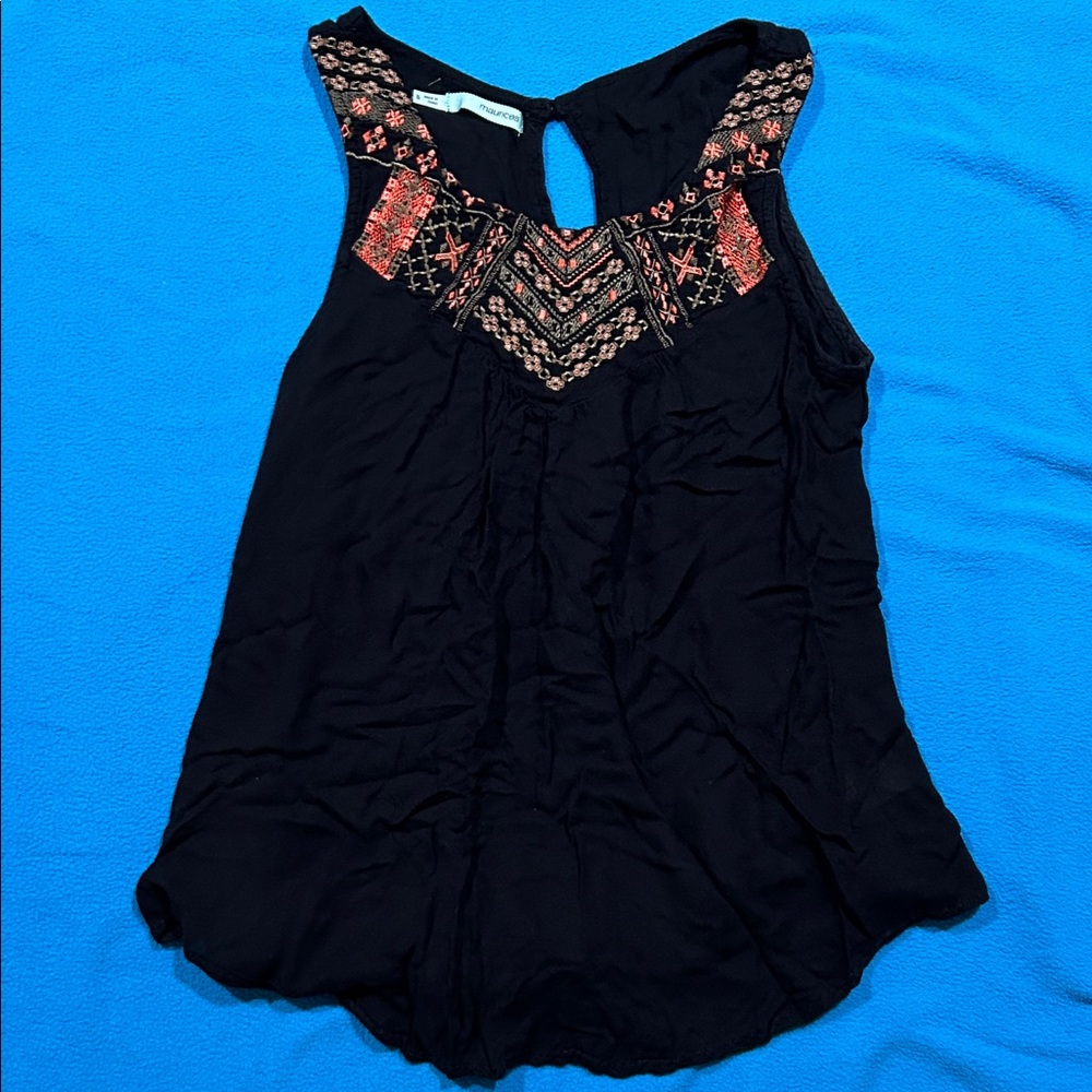 Maurices Black Sleeveless Embroidered Tank with Coral Accents